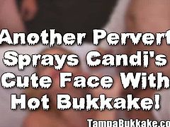 All these men fuck Candi's mouth and leave their jizz in her mouth, on her face and in a recipient which she drinks from.