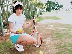 Japanese beauty plays bikini on tennis court