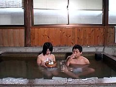 Chubby Japanese whore is having fun with a few guys in a sauna. She sucks their cocks like never before and then allows the dudes rip her tight Asian cunt apart.