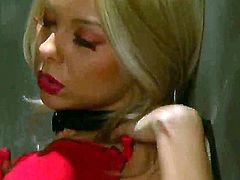 Stunning blondie Lea Tyron stays alone and spends great time masturbating very well! She poses in sexual expensive tiny red lingerie before starting to rub clitoris.