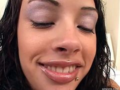 Julissa Delor strips naked of all her clothes and lays sexily on the bed. She opens her legs and shows off her pretty cunt. This hispanic beauty wants to turn you on. She uses a long clear dildo and puts it inside her vagina.