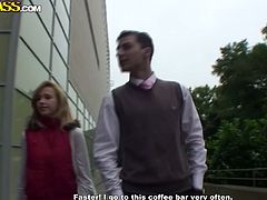 Hot tempered blond milf picks up sextractive dude at the street. She shows him her baggy tits before he lures her home for a wild fuck.