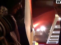 This hot brunette Elizabeth was picked up by a handsome guy in a restaurant so they went immediately to the toiled to have some good sex where she shower her amazing looks and did a blowjob.