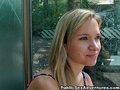 This tattooed blonde Czech is picked up from a bus station. She flashes her boobs close to the bus station and rides this guy's cock further in the park.