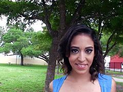 This hot Latina has her nipples pierced and tattoos. She goes down on this guy while they are in the park. Then, he takes her home and fucks her pussy pov style.