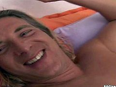Arousing amateur sexy with firm ass and natural boobs in red underwear teases tall long haired stud Jay with hot muscled body and takes on his cock at her first interview