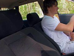 Insatiable teen girl Beata gives blowjob in the backseat and then pulls down her blue jeans to take another hard dick in her fuck hole from behind. Guys bang her at both ends in the car and she loves it!