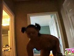 Lovely brunette teen Emery likes doing her household chores naked and the vibration from the vacuum cleaner gets her so horny she can't wait to go upstairs and masturbate.