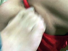 Sophisticated fucker tightens red panties in between shaved pussy lips of salty Japanese harlow in steamy lingerie and stockings, what makes her moan with pleasure and roll her eyes.