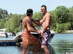 Watch as two hunks make out on the docks. One gets down on his knees and sucks the other off to completion. Then the boat ride begins. The second blowjob takes place on the boat. No they are both satisfied.