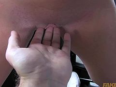 Brunette Nicola gives a blowjob in the car