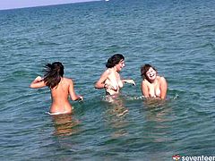 Three salty cuties show off their steamy bodies at the beach