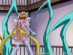 have a look at this hentai scene where a sexy blonde babe has her wet pussy drilled by a monster with his huge cock.