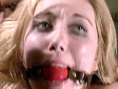 Pale petite blonde Emma Haize with natural boobs gets tied up to hang from ceiling and gets her tight add and hairless pussy demolished in rough interracial gang bang.