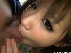 Lovely Japanese babe takes a dick out of guy's pants and gives him an unbelievable blowjob in close-up POV video.