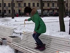 Zesty brunette short-haired hoe takes a stroll in snowy weather before she gets home. She decides to warp up by masturbating on a dinner floor in perverse sex video by Club Seventeen.