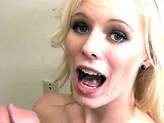 Wonderful blonde horny chick Elaina Raye is hotly pleasing her friend with great deepthroat blowjob to get his dick tight and fuck on it.