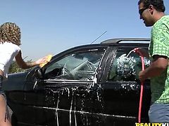 Mesmerizing chocolate babe in steamy outfit gets picked up by cocky Latin fucker during a car wash. He volunteers to help her in steamy sex video by Reality Kings.