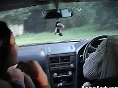 Sex greedy dude picks up a fuckable brunette milf on the roadside. As soon as she gets into the car, she inclines to oral fuck his cock in order to thank for a ride.