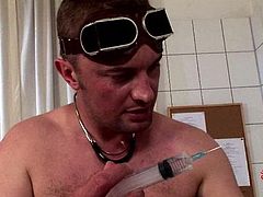 Voracious doctor drills elastic asshole and stretched pussy of voracious Latin chic using medical instruments before he fucks her hard in doggy style.