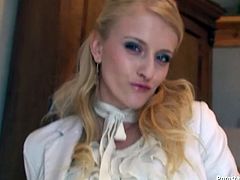 Dirty-minded tall and slim blondie in white blouse, jacket and skirt throws away her bag. Ardent nympho bends over the chair to demonstrate her nice ass. Then kinky chick in pantyhose gets ready to masturbate a bit to gain her portion of pleasure at once.