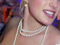 Blonde girl is wearing fancy dress and pearl jewelry. Looking classy she act opposite being a dirty slut who sucks dicks in public like crazy.