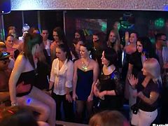 I bet you've never seen such a weird and hot party. So enjoy this awesome Tainster group sex right in the club. While some gals dance, the horniest chicks with nice tits get absorbed with giving solid blowjobs to stiff dicks.