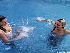 Hot bodied lesbians are swimming naked in the swimming pool. These two hotties know how to make each other happy. They pet each other's bodies with a great desire.