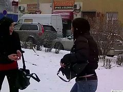 Well, these gals are bored. So slim brunettes in jeans and black jackets desire to have fun. Kinky chicks with flushing cheeks has a catfight on the snow covered ground. They giggle while smacking each other's asses, kiss passionately and will just make you jizz right here and now with Tainster sex clip.