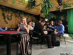 Stupid blond bitch sits in restaurant wearing a long luxurious dress before she notices a cucumber and decides to please her cunt with it right in front of surprised people. Later group of horny dudes join her to receive blowjob in sultry gangbang sex video by Tainster.