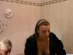 Buxom horny lesbians in jackets and stockings rub each other's pussy in bathroom