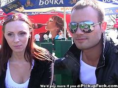 Salty red-haired Russian babe hooks up with a beefy dude in cafe. He takes her to the park where she demonstrates her cuddly svelte body and pair of perky tits before mouth fucking his strain dick.