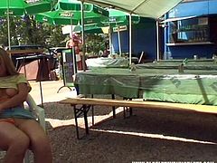 Just have a look at this amateur blondie. There's nobody in the sidewalk cafe except for this gal. All natural harlot sits on the chair with her legs stretched and tickled her fancy passionately for delight. This whore with pale tits is worth checking out in Pack of Porn sex clip right here and now.