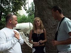 Kinky blond head meets two dudes outdoors. Why not to have casual sex? Dirty-minded pale and slim filth has a strong desire to suck fat dicks, cuz she's the way too addicted to cum. This harlot in Pack of Porn sex clip is surely professional blowlerina.