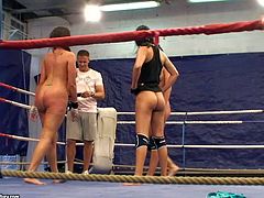 Larissa Dee, Diana Stewart and Emma Butt make a pretty hot threesome in the gym in wrestling ring and even hotter one after that under the showers with some sex toys