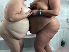 These horny BBW chicks are having wild fun in the bathroom. All they got is a bottle of wine and they stick it in their fat cunts!