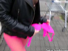 Naughty emo slut without skirt but in sexy pink fishnet pantyhose gives strange guy deepthroat blowjob right in the car. After he pokes her snatch hard in missionary style.