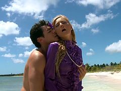Nice and well curved blonde in satin blouse gives her boyfriend on the shore. After he drills her juicy tight slit in doggy style right on the sand.