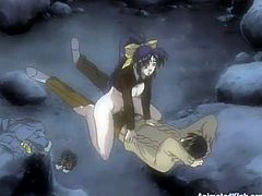 Dark-haired anime chick is having fun with her BF. She shows him her big tits and then jumps on his dick in cowgirl position.