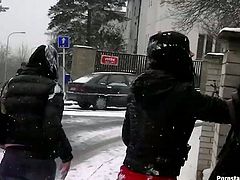 These slim brunettes in jeans and fur coats are already tipsy. They go to the shop, play snowballs and hope to win strong dicks for hot casual sex, cuz it's the only way to warm up on such a cold winter day.