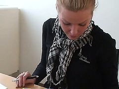 Stunning and gorgeous blonde pornstar babe Sophie Moone enjoys in getting her hands on all those nasty presents she got and enjoys in unwrapping them with pleasure behind the desk