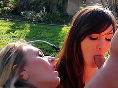 Naked slutty blonde and brunette Holly Michaels and Natalia Star with juicy asses in high heels only tease handsome rich stud and pleasure him in his backyard on a sunny day .