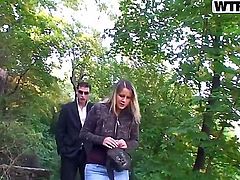 Slutty blonde chick in sexy skirt named Janet was pick uped on the street and invited in the forest