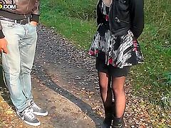 Delicious teen Lina visits the woods with two black dudes for a quick round of cock sucking