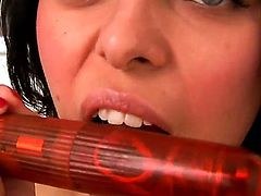 Pretty hot brunette girl Elena Rae got nude on couch and spreading her legs to fist her twat with hand and then fuck her ass with dildo at the same time.