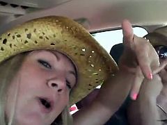 Cowgirl chicks showing off bodies in car