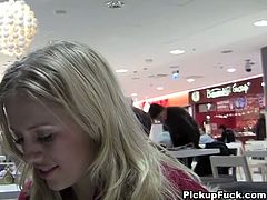 She is skanky blond gal with appetizing firm tits. She flashes her twins in the toilet. She also gives awesome blowjob to those two horny studs.