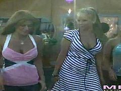 Lisa Daniels, Cassidy and Joeleana are three beautiful milfy blondes. Round assed woman takes off her string thing and then gets her perky natural tits touched by her lesbian friends.