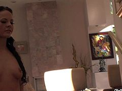 Aliz enjoys in showing off her petite tanned body with small natural boobs and shaved taco while shes under the shower and sucks hard rod in living room on couch