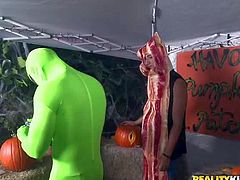 Money Talks throw a pumpkin party. Topless big tit brunette gets the cation started. Watch guy get his dick sucked by a pumpkin-man. Watch them do it like crazy for money.